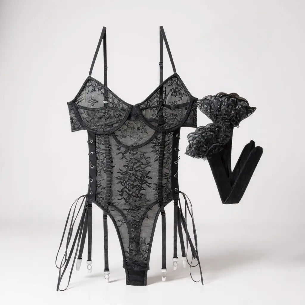 CONJUNTO LINGERIE DE RENDA E MEIAS 7/8 | FLORA™